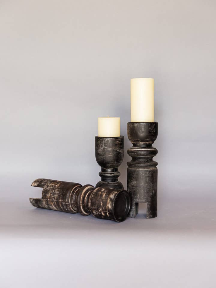 Set of 3 Handmade Wooden Candle Stands-Antique Black Finish for wholesale by Curated Studio