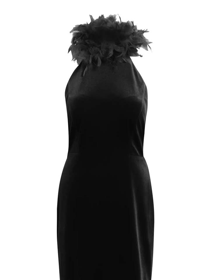 Robe courte sans manches en velours noir à col plumes pour la vente par Noece