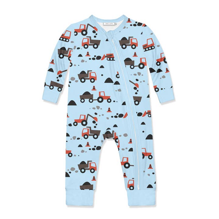 Baby Ice Blue Trucks&Gravel Zip-Up Playsuit for wholesale by Millie Loves Lily