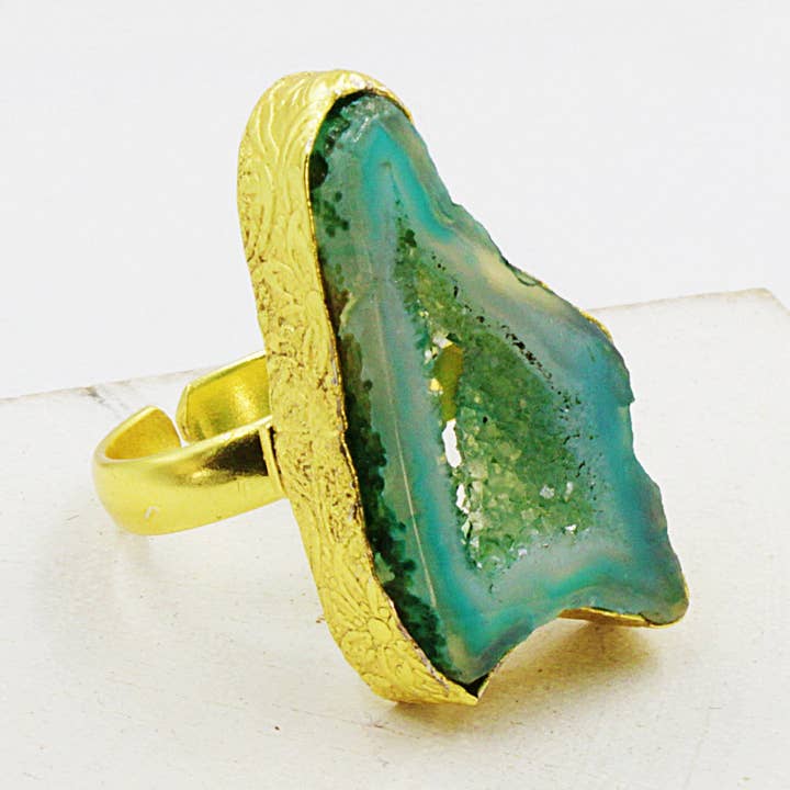 Anello 1 pietra verde - quarzo agata placcato in oro per la vendita all'ingrosso da parte di LA MAR