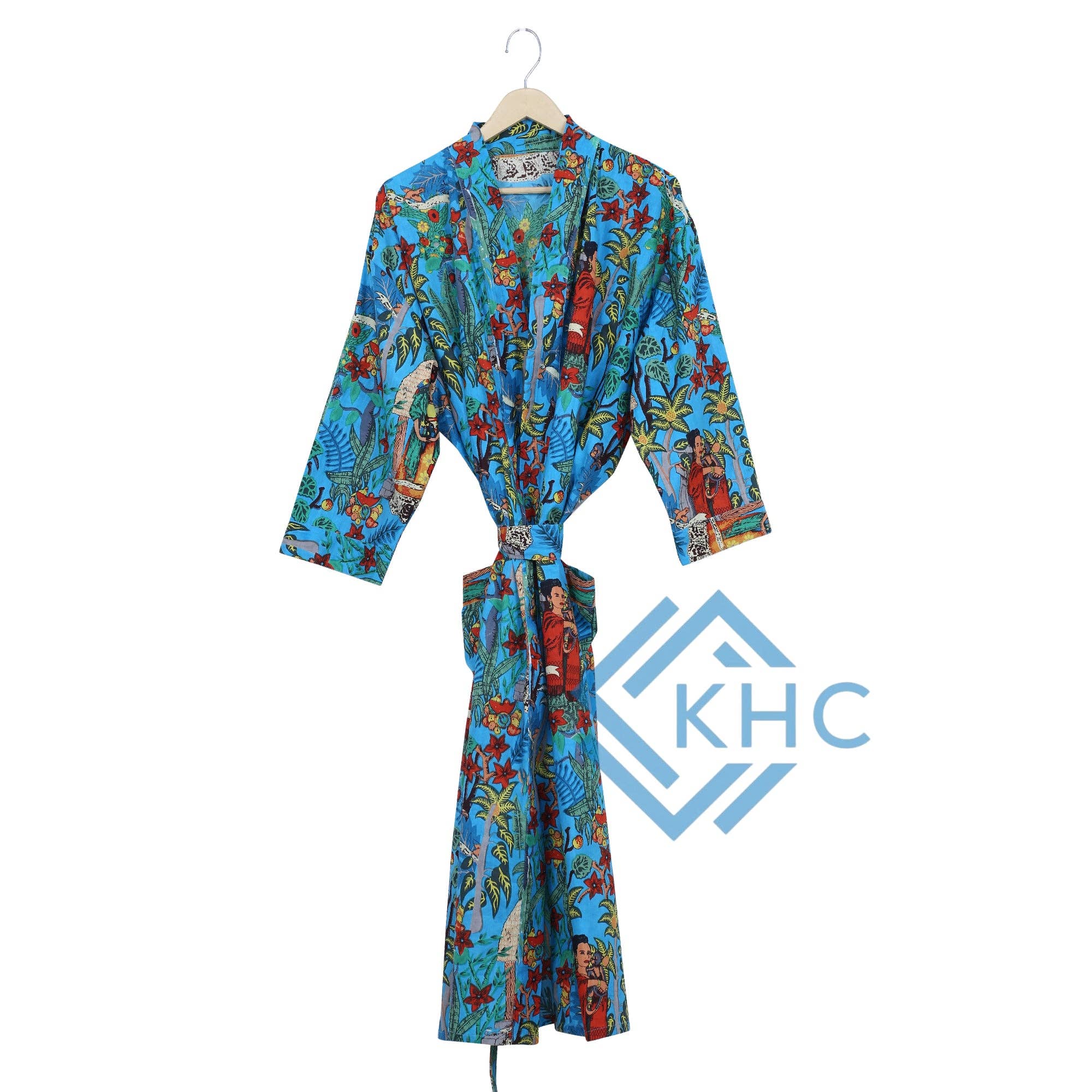 KHC - Vente Peignoir – femme - Robe longue kimono 100 % coton pour femme imprimé bleu peignoir1