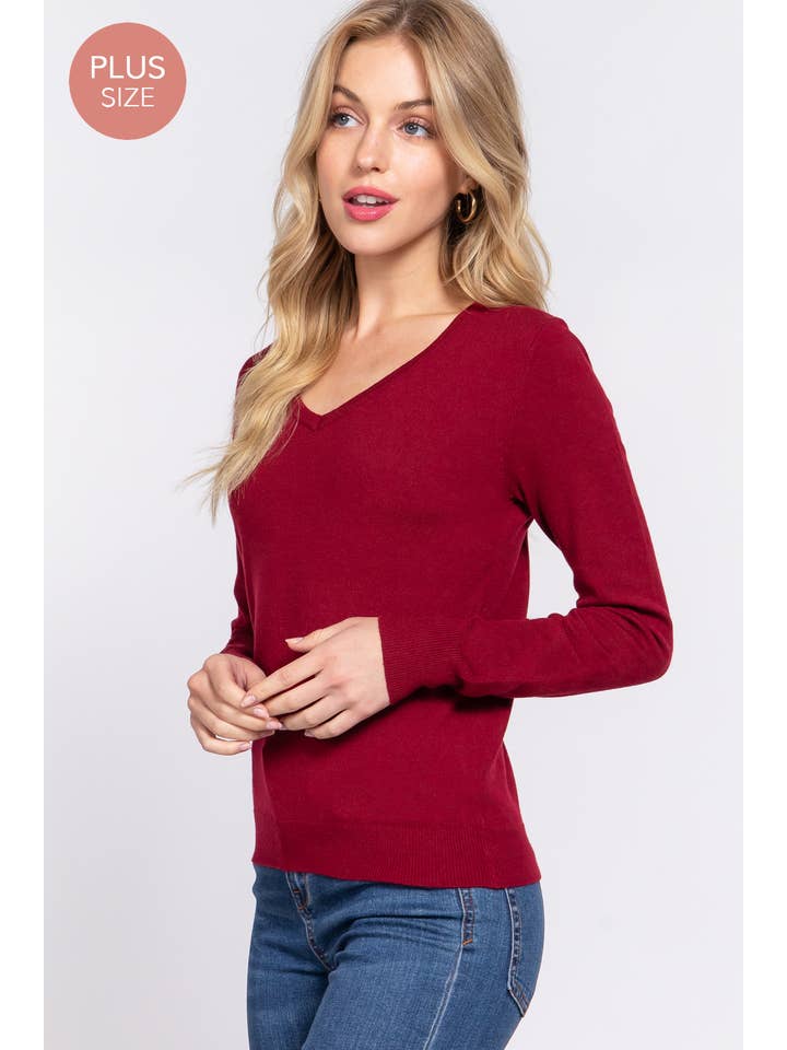 Active Basic | Active USA – Großhandel Strickpullover – Damen – Basic-Pullover mit V-Ausschnitt und langen Ärmeln in Übergröße2