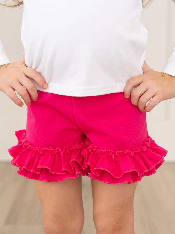 Marie Nicole Clothing - Wholesale Shorts - Kids - Ruffle Hem Cotton Shorts - Hot Pink
