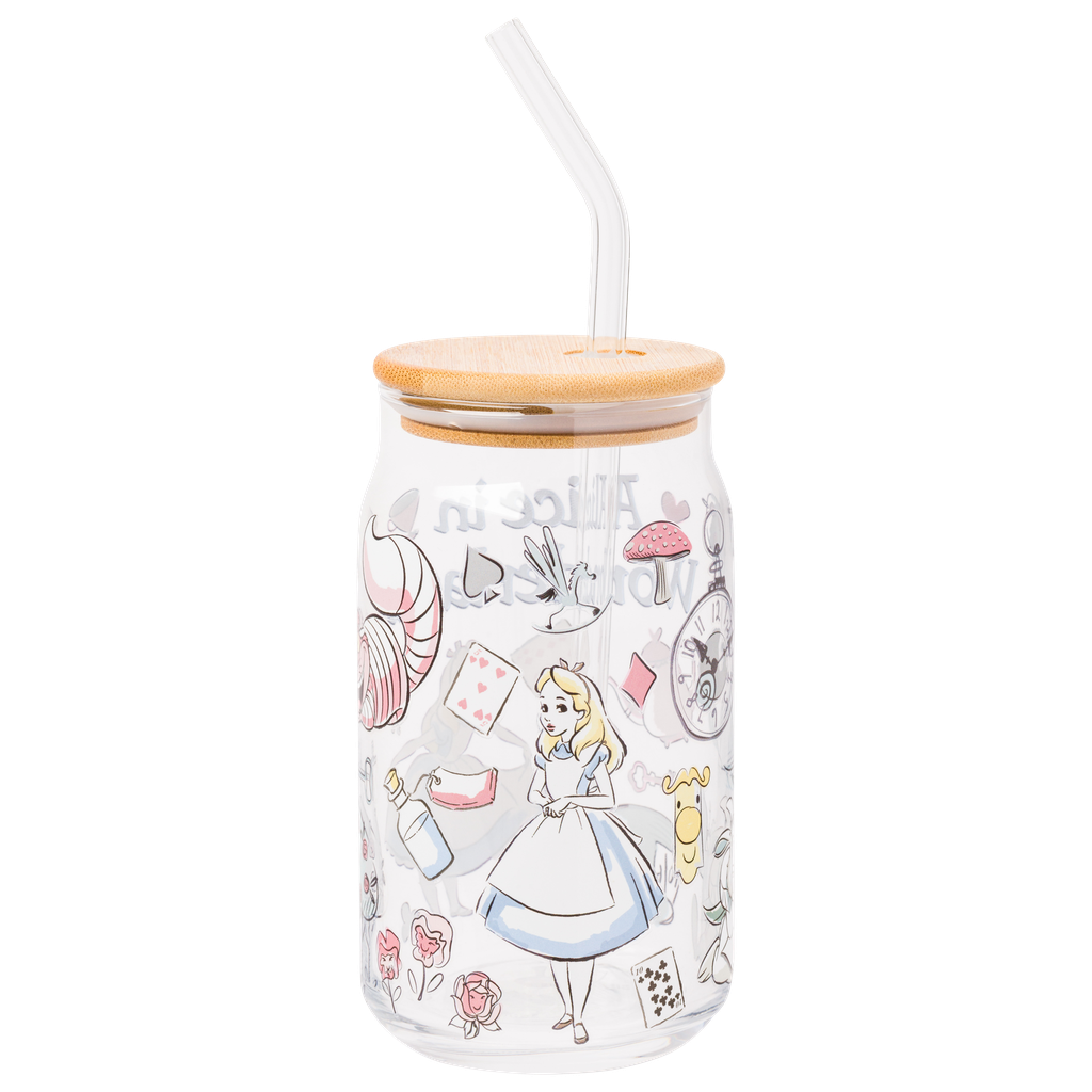 Silver Buffalo - Vente Verre/tasse - Gobelet en verre Alice au pays des merveilles Icones 16 oz avec couvercle en bambou4