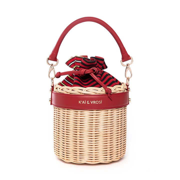 Rote Leder- und Strohkordelzugtasche für den Großhandel von K’ai&Vrosi