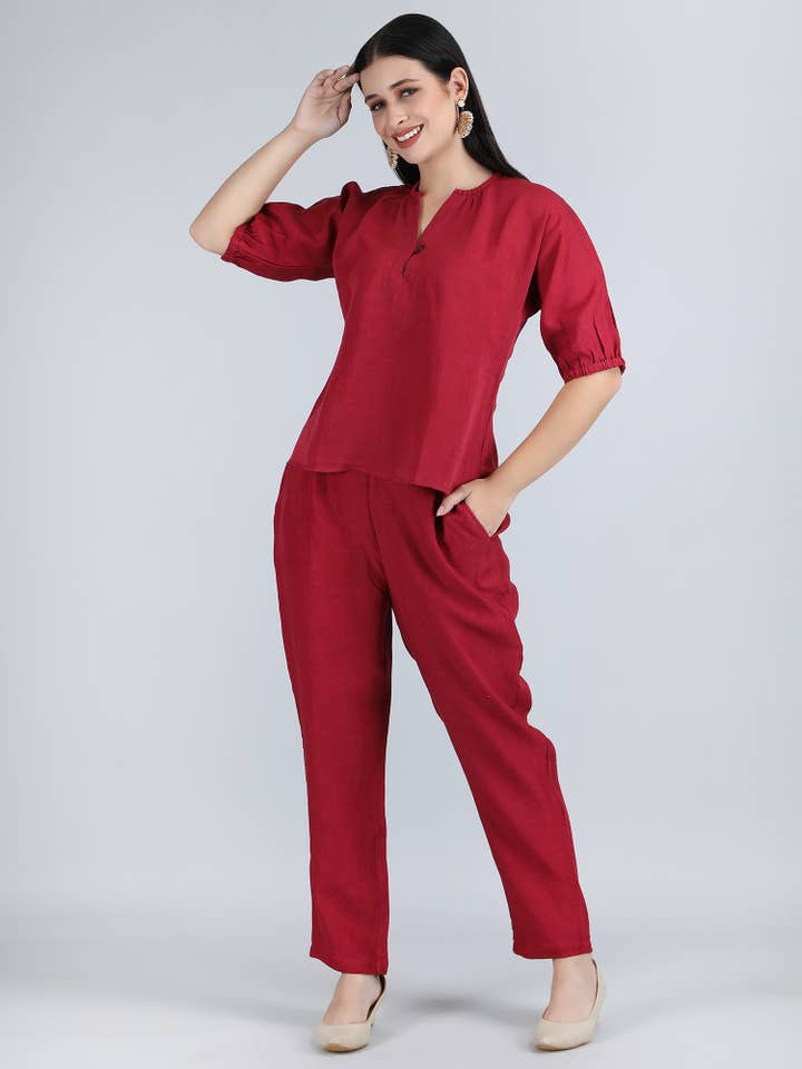 Women Maroon Pure Linen Hand Embroidered Co ord for wholesale by 1401 The Label