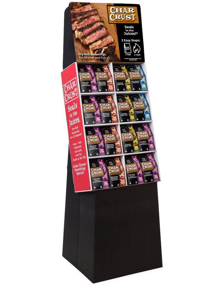 Char Crust Dry-Rub Seasoning 4-Flavor Shipper Display (8 cases) for wholesale by Char Crust Dry-Rub Seasonings