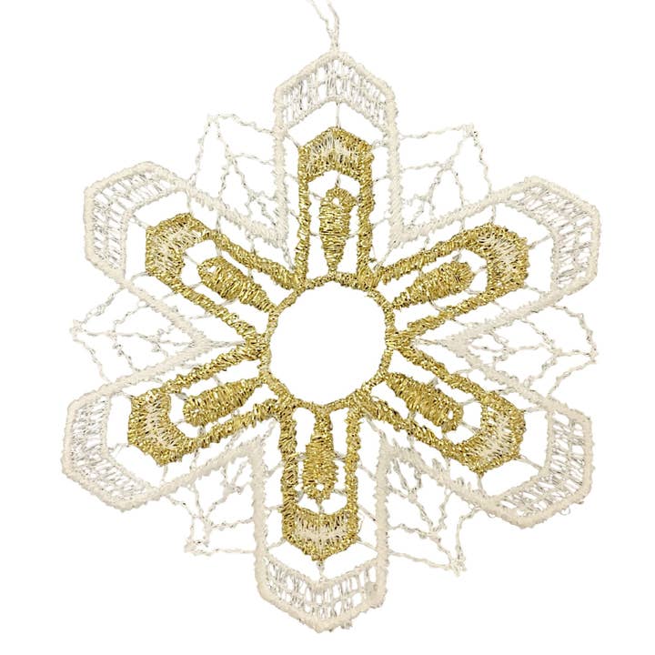 Weißes und goldenes Schneeflocken-Spitzen-Weihnachtsbaum-Ornament-Set 6 für den Großhandel von Pinnacle Peak Trading