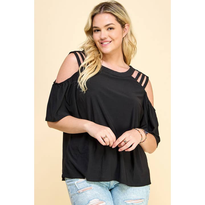 PLUS SIZE CAGE COLD SHOULDER TOP (T78444F67X) for wholesale by Winslow Collection