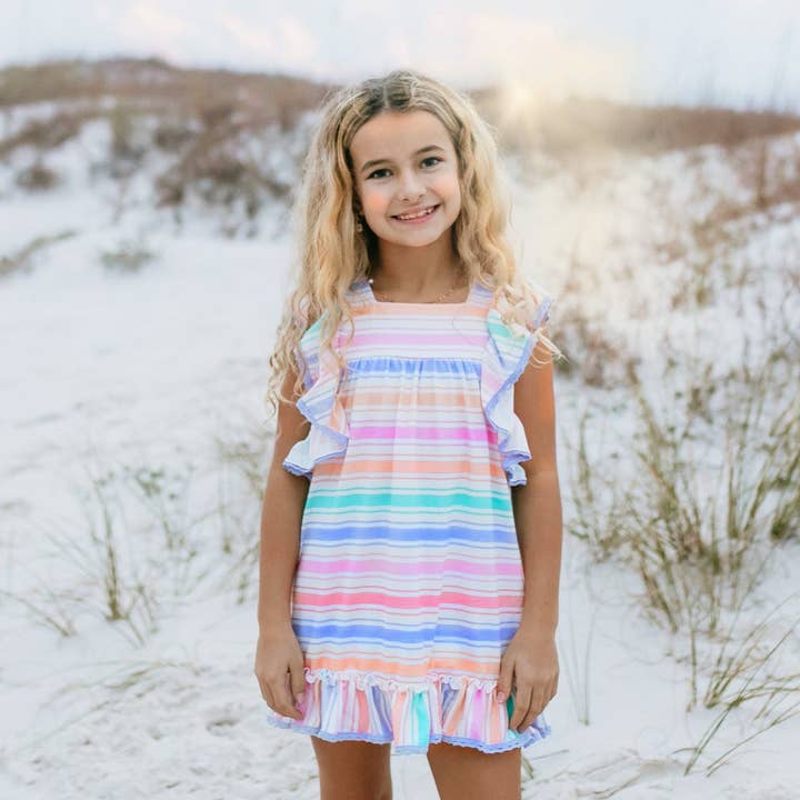 Wren & James - Wholesale Dress - Kids - Girls Pastel Rainbow Stripe Ruffles & Lace Spring Dress