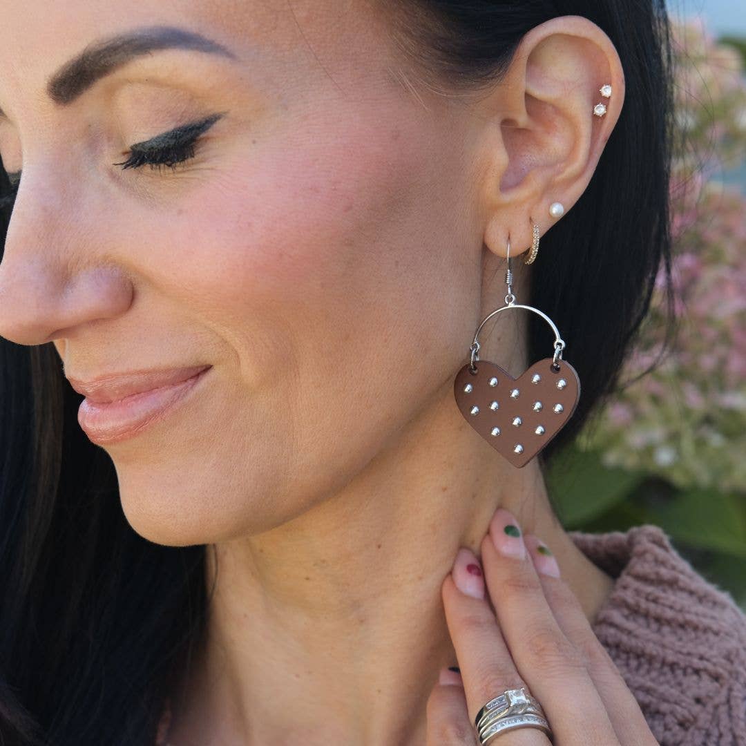 Nickel and Suede - Wholesale Dangle Earrings - Brown Studded Harlow1