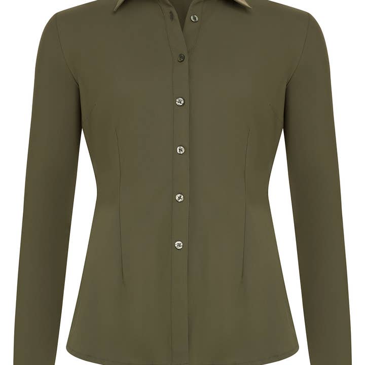 Olive Fitted Button Up Long Sleeve Shirt Machine Washable for wholesale by Ameliora