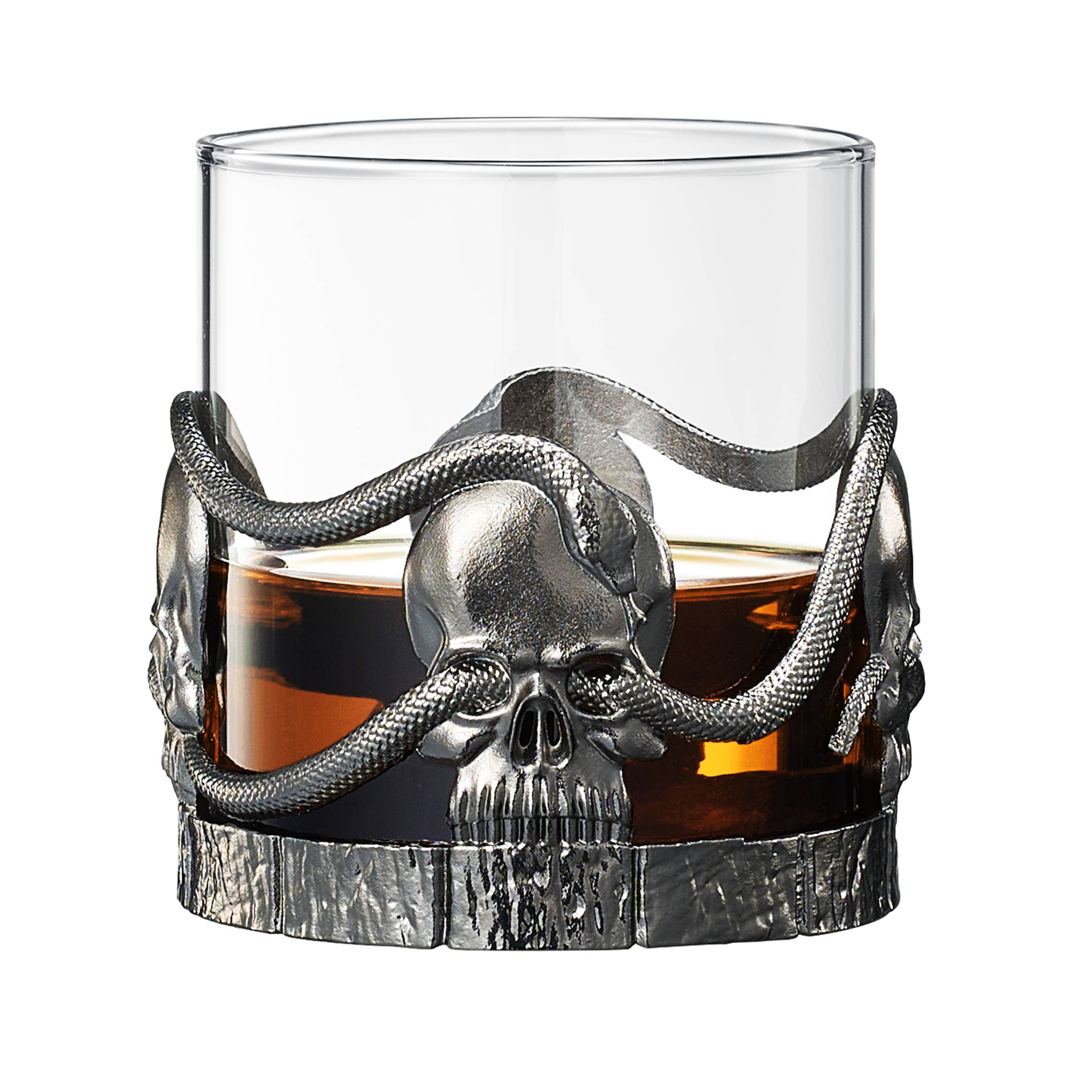The Wine Savant /  Khen Glassware – wholesale Cocktail/liquor glass – Skull & Snakes Pewter Whiskey Drinking Glass, Set of 21