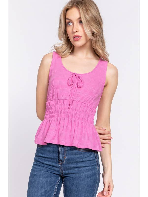 Active Basic | Active USA - Wholesale Knit Top - Women's - Sleeveless Scoop Neck Front Tie & Waist Smocking