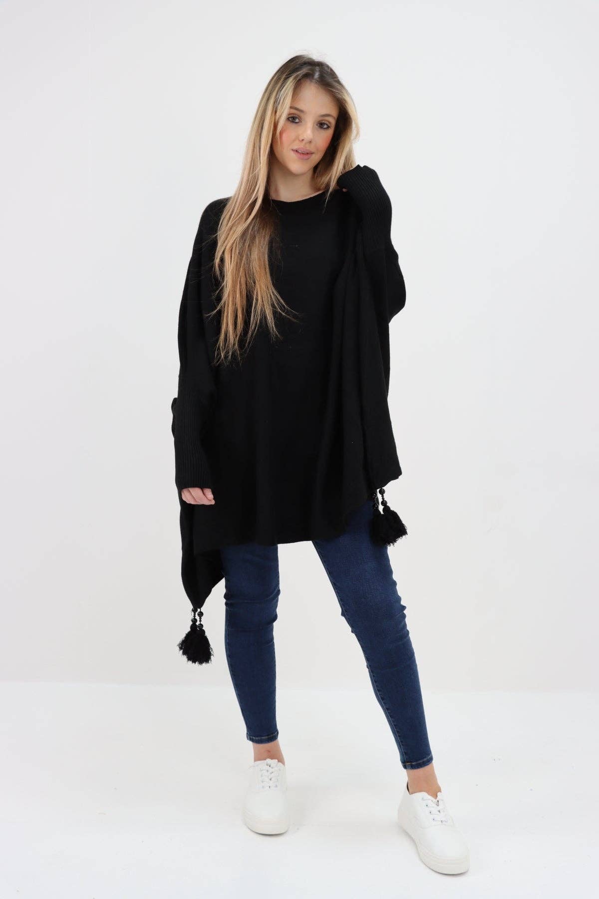 Miss Bold - Wholesale Poncho - Women's - Italian Plain Batwing Sleeves Tassels Tunic Poncho3