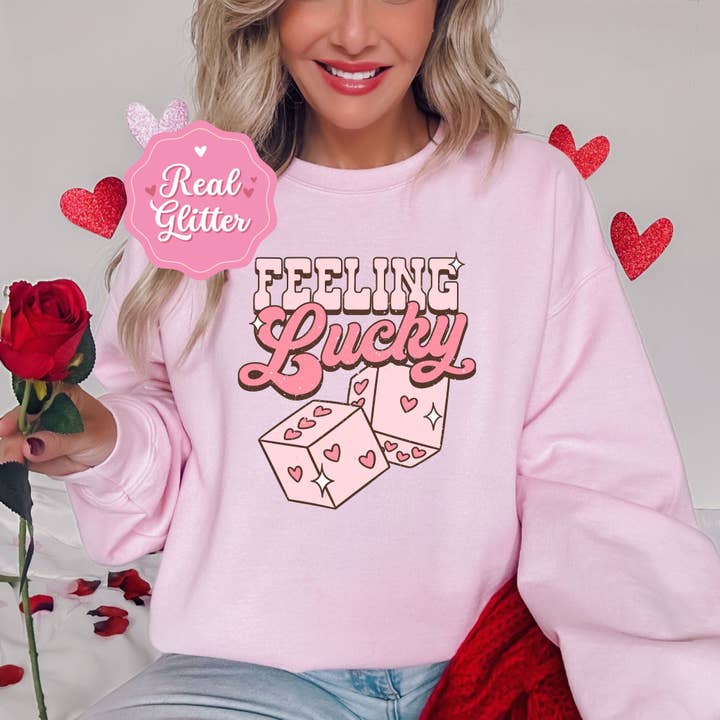 Feeling lucky Real glitter  valentines day sweatshirt for wholesale by Nu Kustomz LLC -