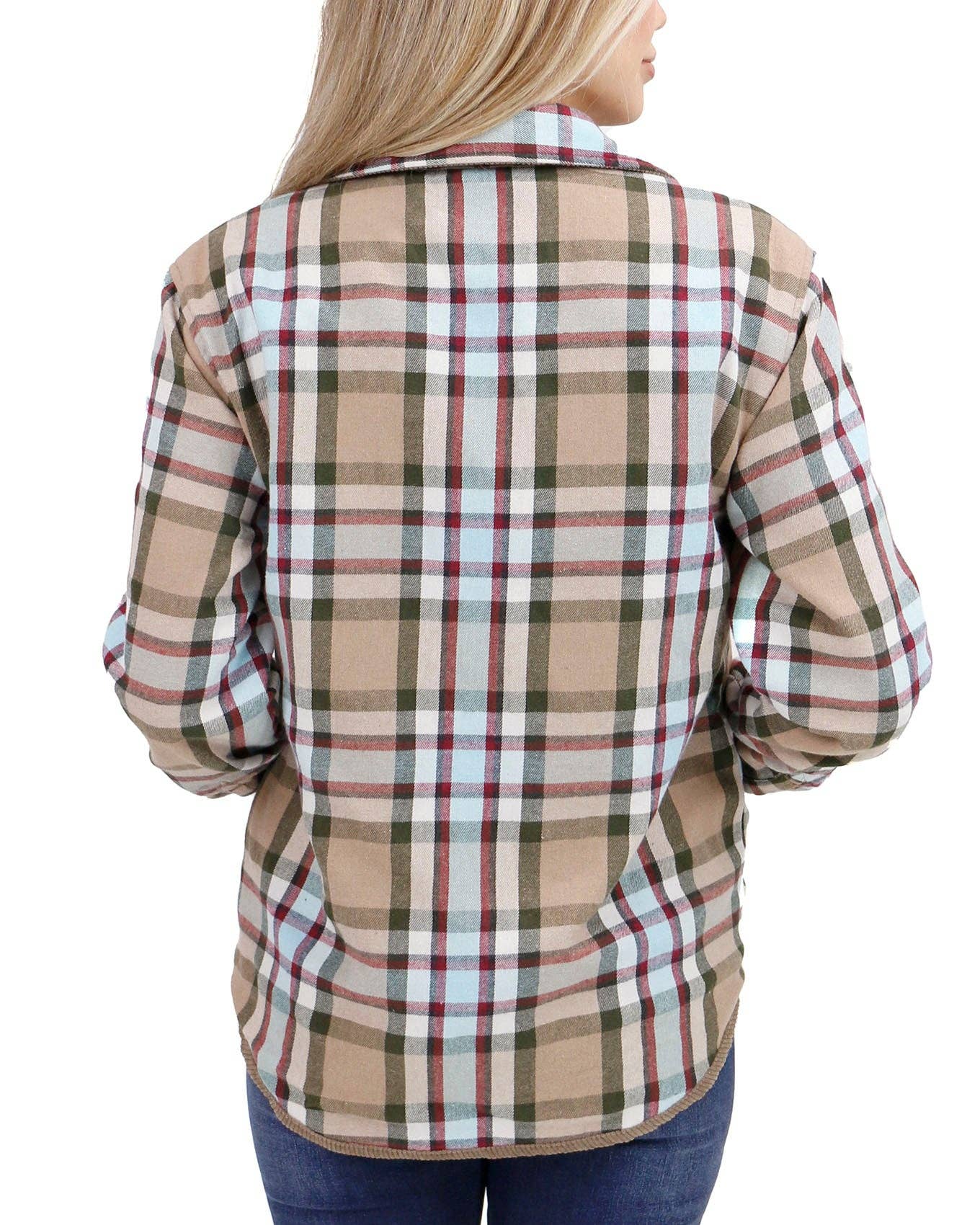 Reversible Corduroy Shacket in Tan/Olive Plaid for wholesale on Faire11