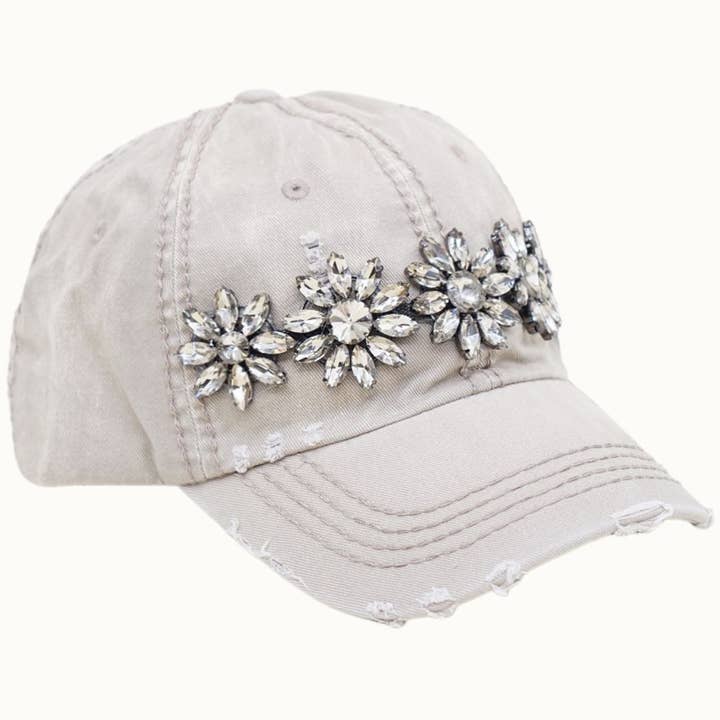 Olive & Pique - Wholesale Baseball Cap - Women's - Floral Bejeweled Bling Glitz Distressed Cap, Adjustable8