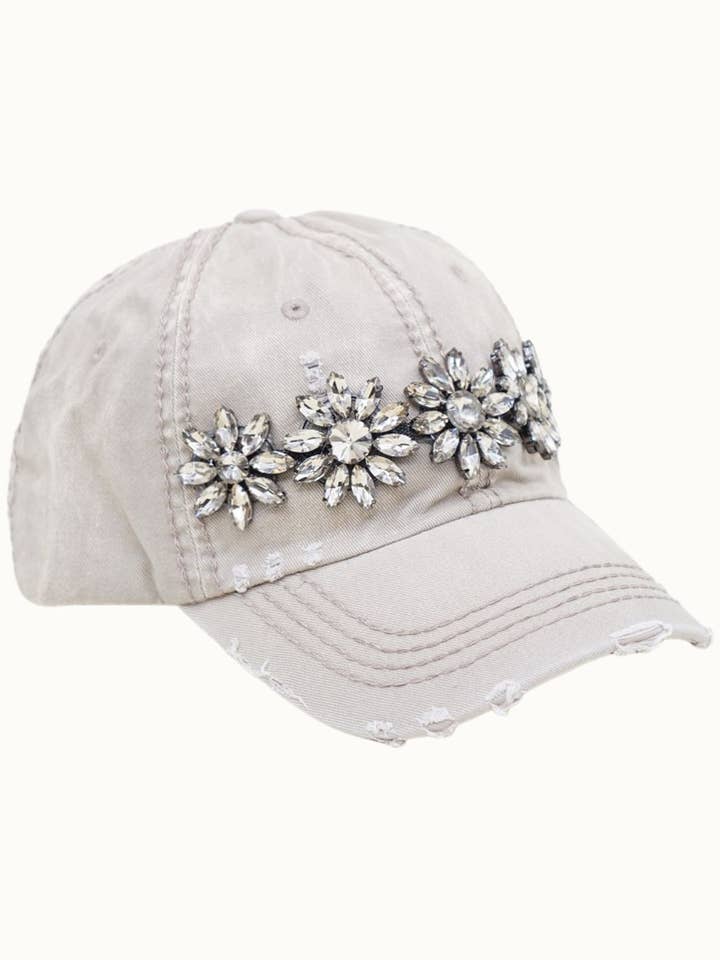 Floral Bejeweled Bling Glitz Distressed Cap, Adjustable for wholesale by Olive & Pique