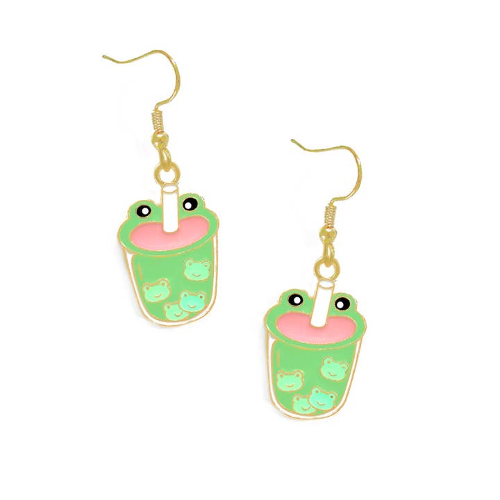 Songbird Artistry - Wholesale Dangle Earrings - Adorable Frog Boba Tea Earrings2
