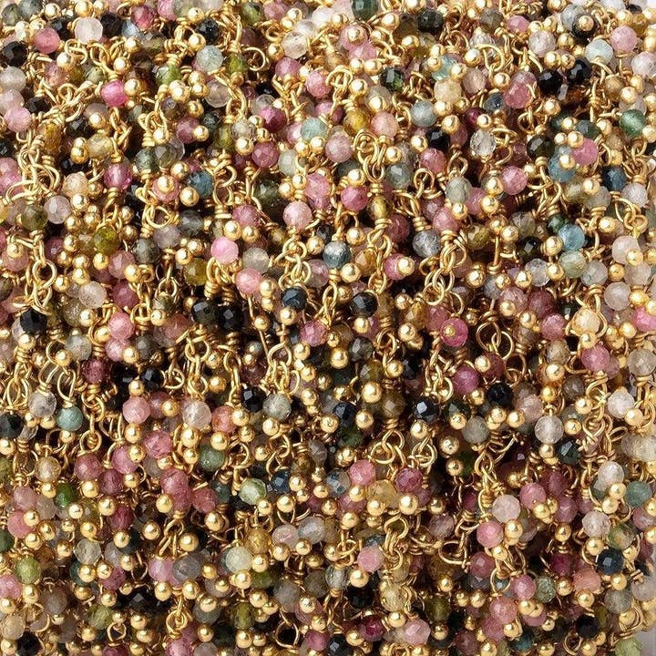 2mm Multi Color Tourmaline micro faceted Gold plated Dangling Chain by the foot for wholesale by Beads of Cambay