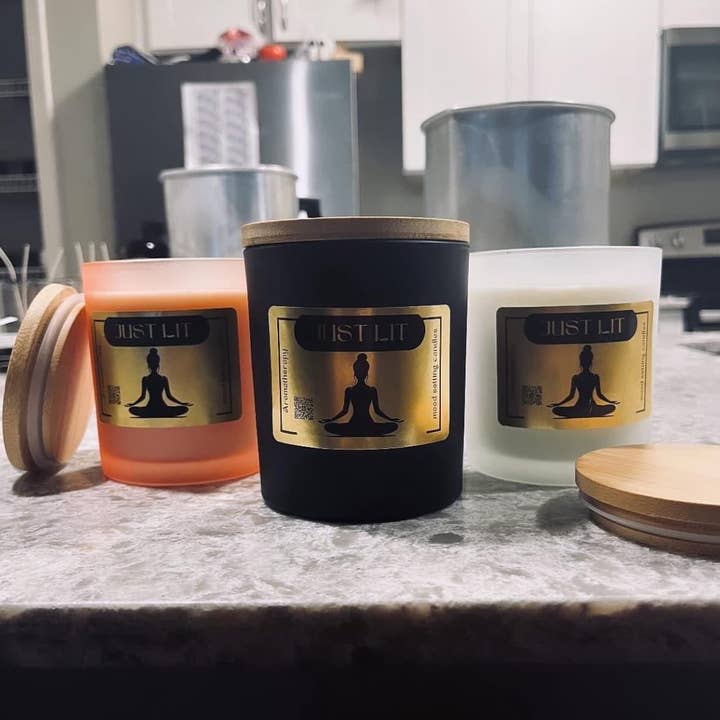 14 ounce colored glass candles with bamboo lid for wholesale by Just Lit Candle Co.