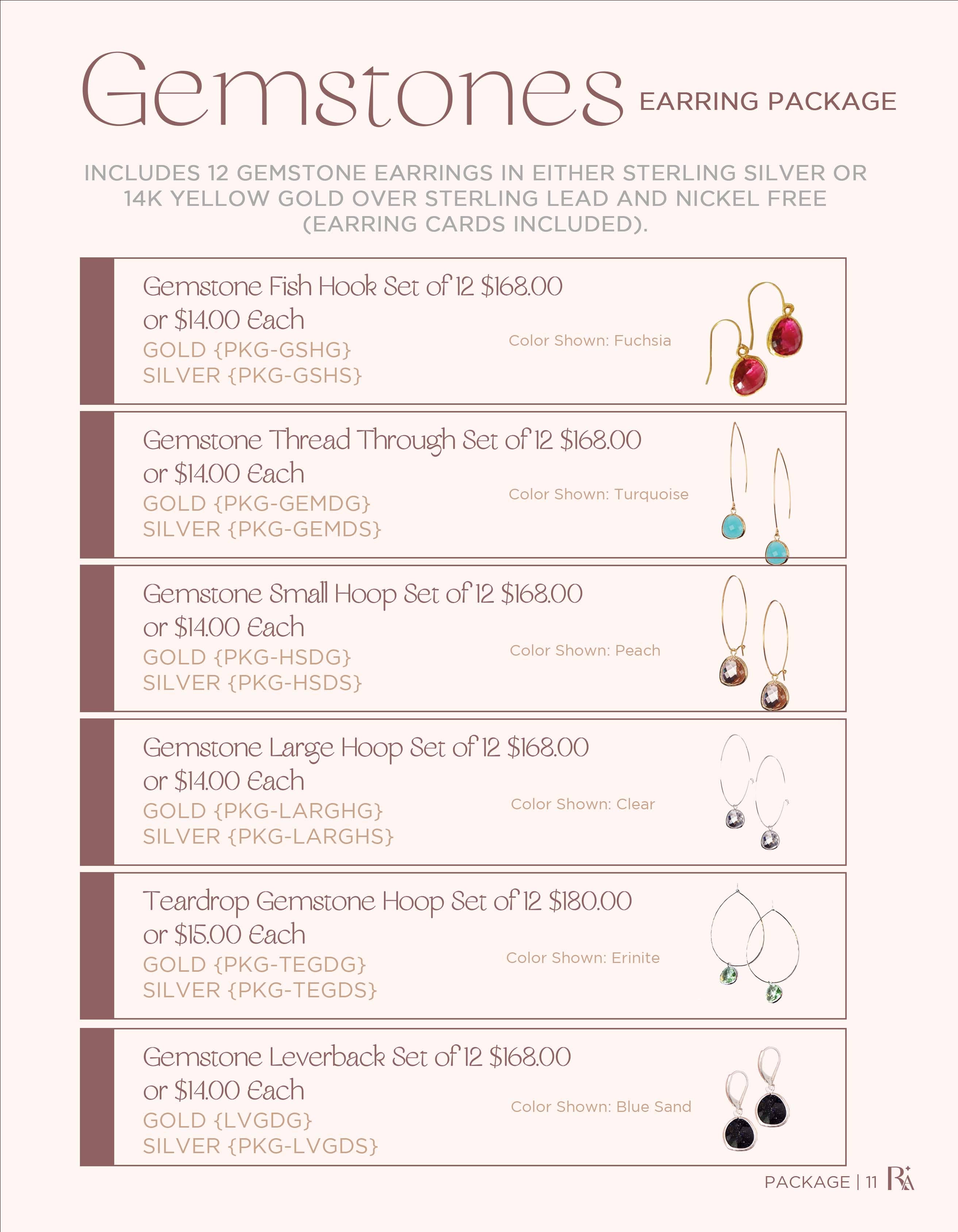 Rebecca Accessories LLC - Wholesale Jewelry Set - Gemstone Earrings Starter Pack Best Selling Colors0