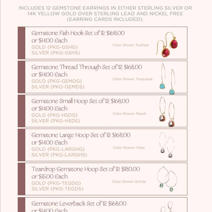 Rebecca Accessories LLC - Wholesale Jewelry Set - Gemstone Earrings Starter Pack Best Selling Colors