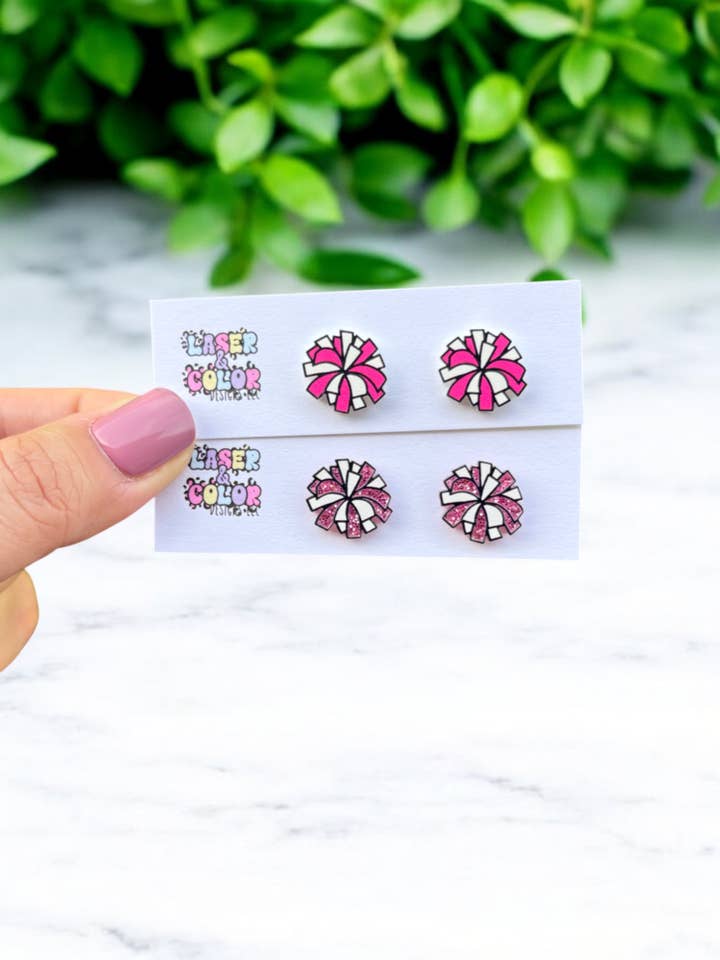 Pink and White Cheer Earrings, Pom Pom Earrings, Glitter for wholesale by Laser & Color Designs LLC