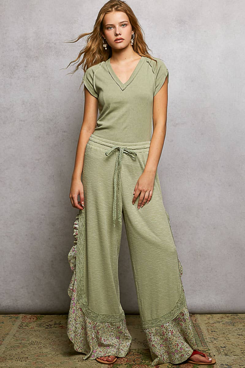 Pol Clothing - Wholesale Pants - Women's - Floral Pattern Ruffle Detail Ribbed Knit Pants15