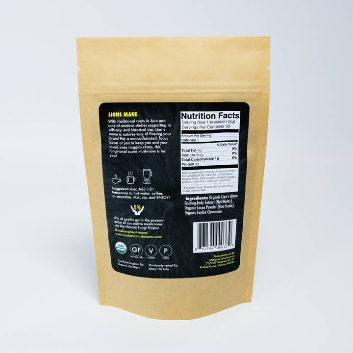 Malama Mushrooms - Wholesale Protein/Superfood Powder - Lions Mane Cacao Mix - 3.5 oz Organic