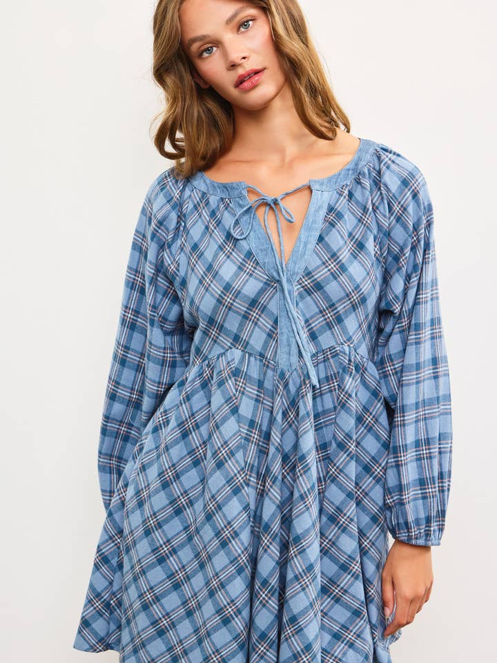DEEP V TIED NECK LONG SLEEVE PLAID DRESS for wholesale by Mustard Seed