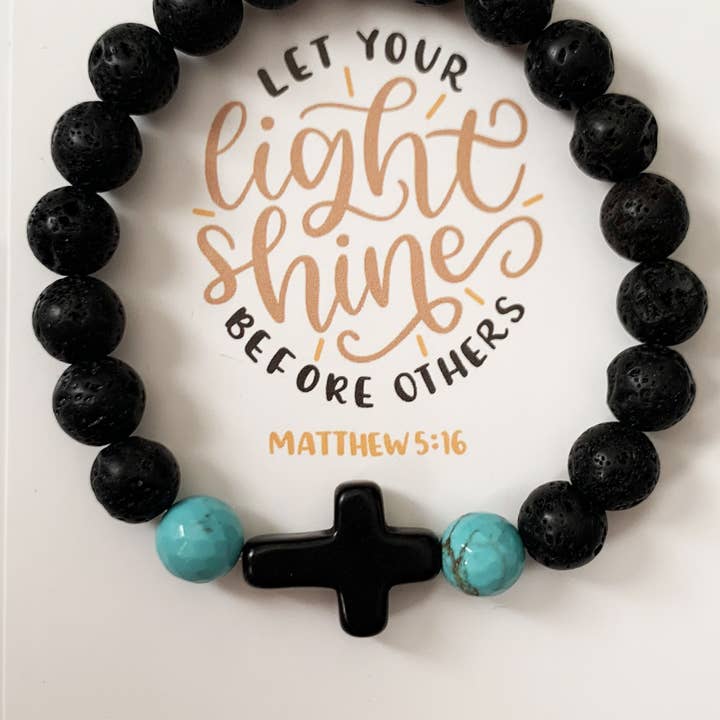 Faithstrings - Wholesale Beaded Bracelet - Christian Gift Lava Bead Bracelet Black Cross Turquoise2