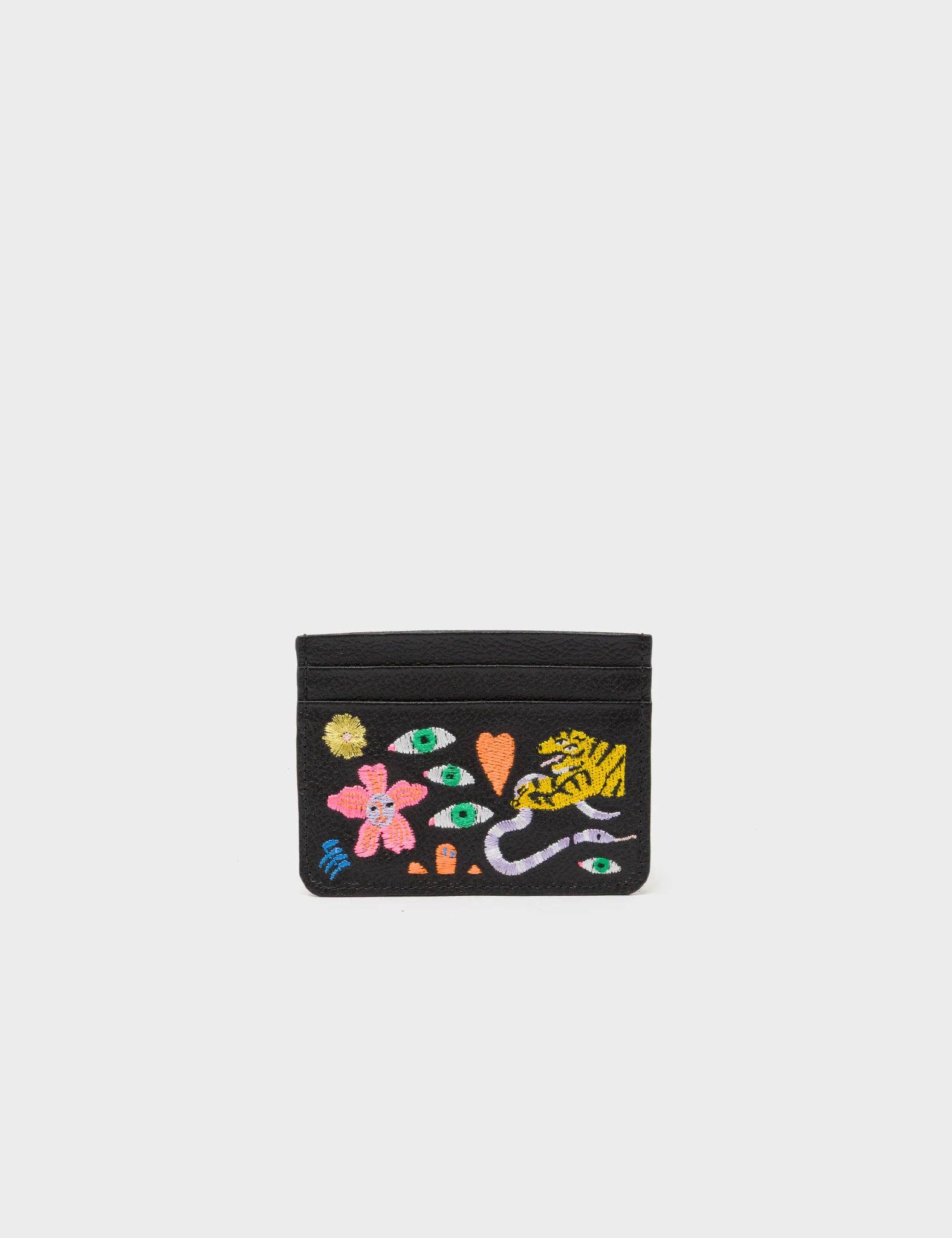 Min & Mon - Wholesale Card Holder - Women's - Filium Black Leather Cardholder - Autumn Blush Embroidery
