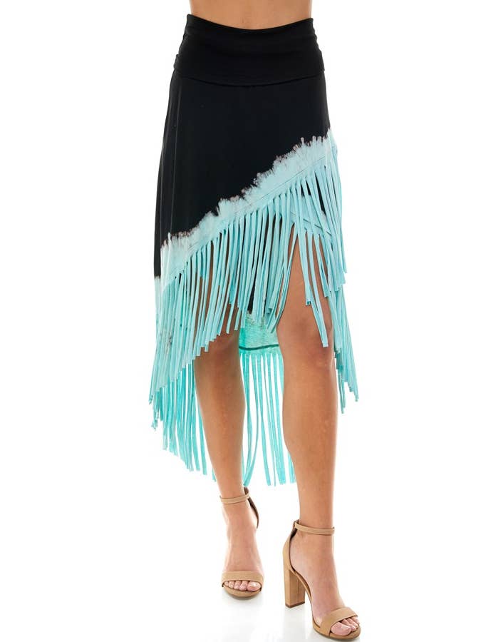 T-Party – wholesale Skirt – Women’s – Tri Color Die Dye Hi Low Horizontal Fringe Western Skirt