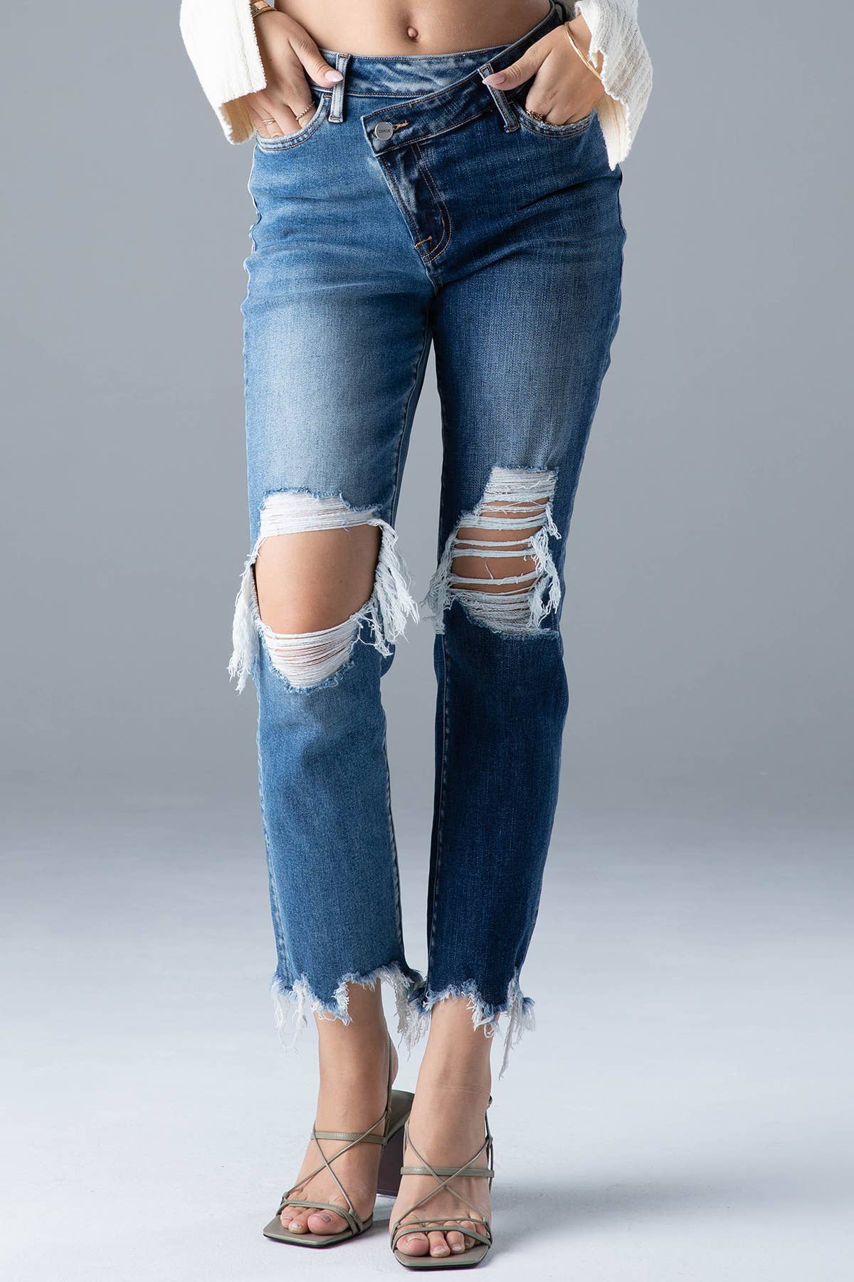 Ceros Jeans - Vente Jean – femme - Denim droit bicolore Distress taille haute pour femmes, automne1