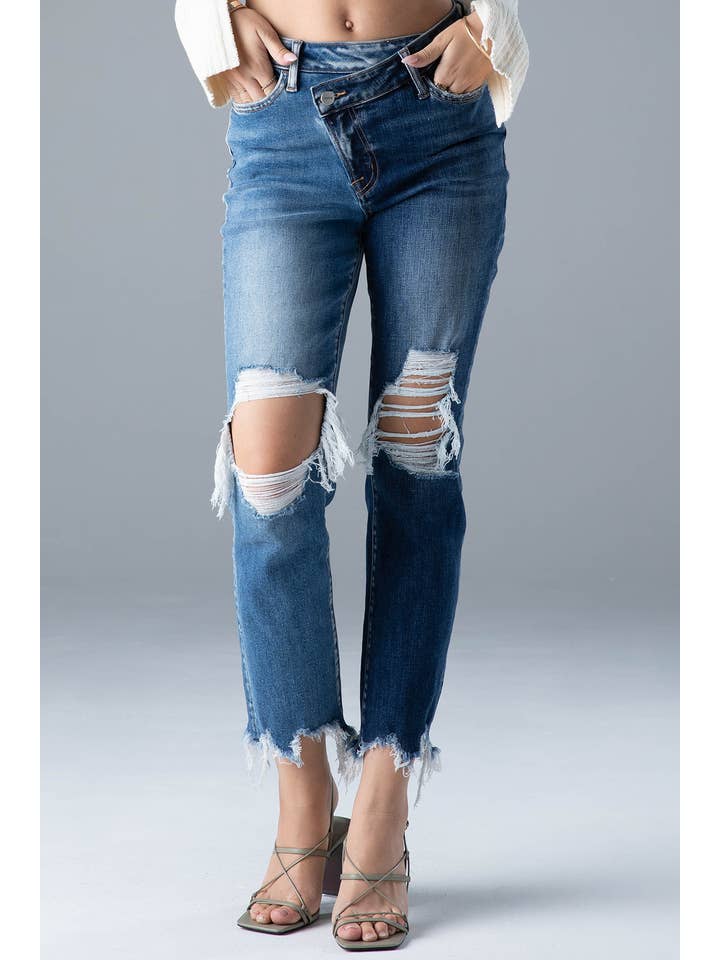 Ceros Jeans - Vente Jean – femme - Denim droit bicolore Distress taille haute pour femmes, automne1