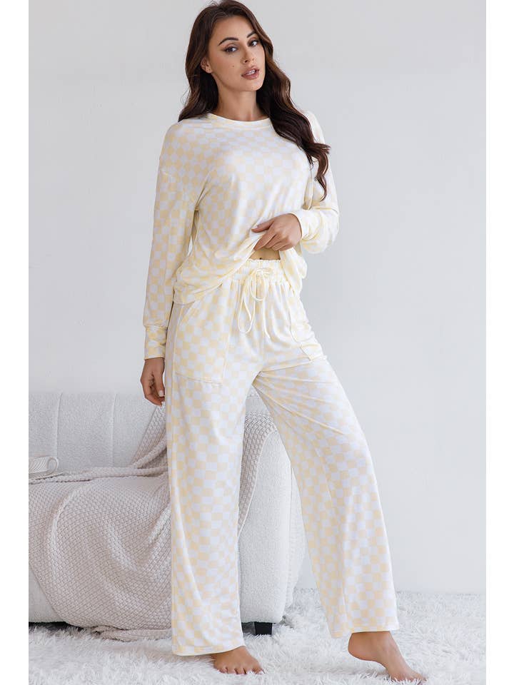 Beige Checkered Print Long Sleeve Top and Pants Lounge Set for wholesale on Faire