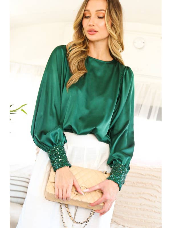 Vine & Love - Wholesale Blouse – Women’s - Sequin Cuff Accent Crew Neck Satin Blouse Top VT8125923