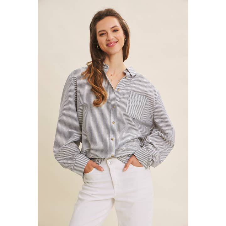 in february - Wholesale Button Down Shirt - Women's - STAPLE PINSTRIPE BUTTON-DOWN OVERSIZED SHIRT