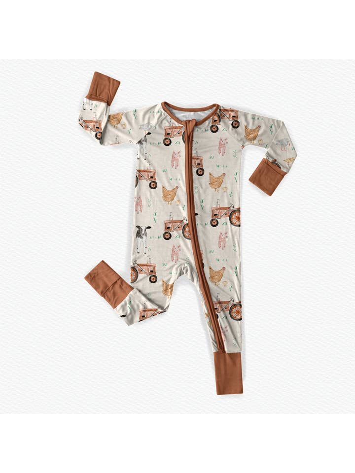 Tiny toes Baby Co - Wholesale Jumpsuit - Baby - Farm Animal Bamboo Zipper Romper
