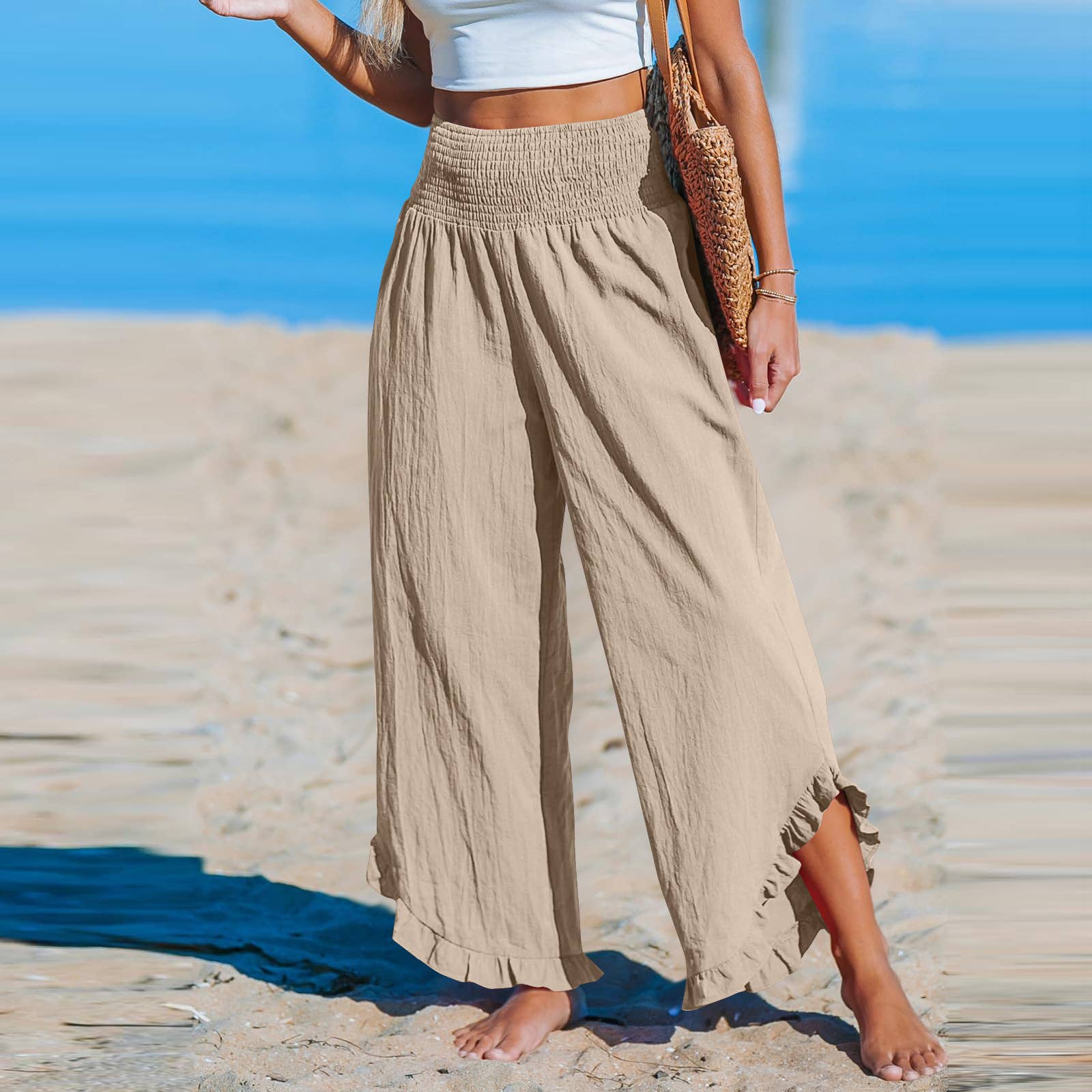 Rosa Clothing - Wholesale Pants - Women's - Smocked Elastic Waist Ruffled Wide Leg Pants3