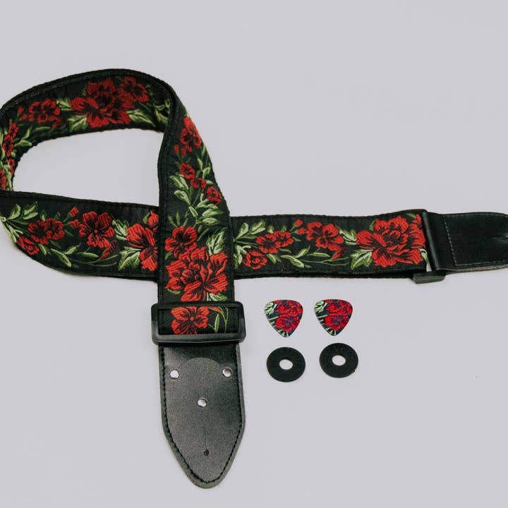 Gradzo - Wholesale Guitar strap – Unisex - Red Roses Woven Guitar Strap1