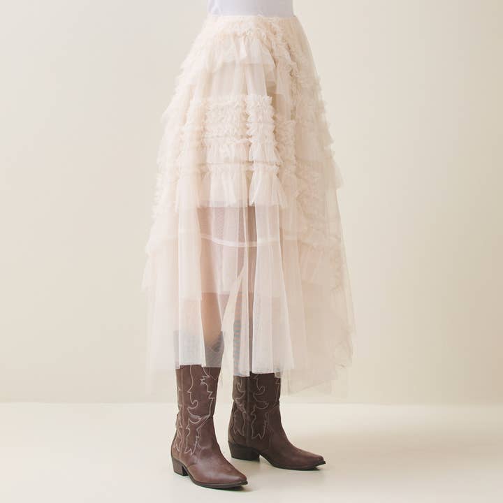 Cream Tiered ruffle tulle skirt for wholesale on Faire2