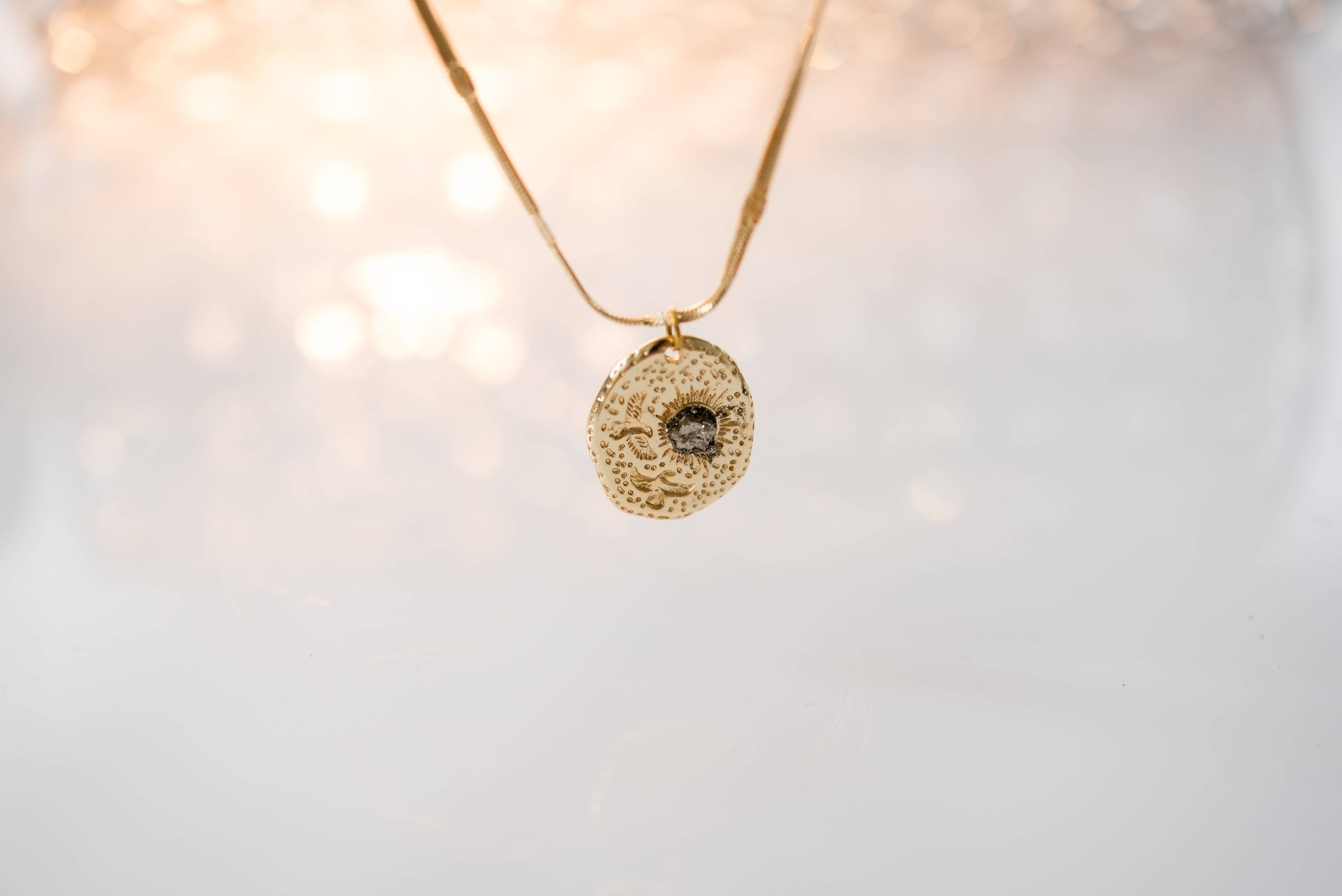 Dynamo - Wholesale Pendant/Charm Necklace - Jewelry Gold Bird Coin Pendant Necklace | Pyrite Sun