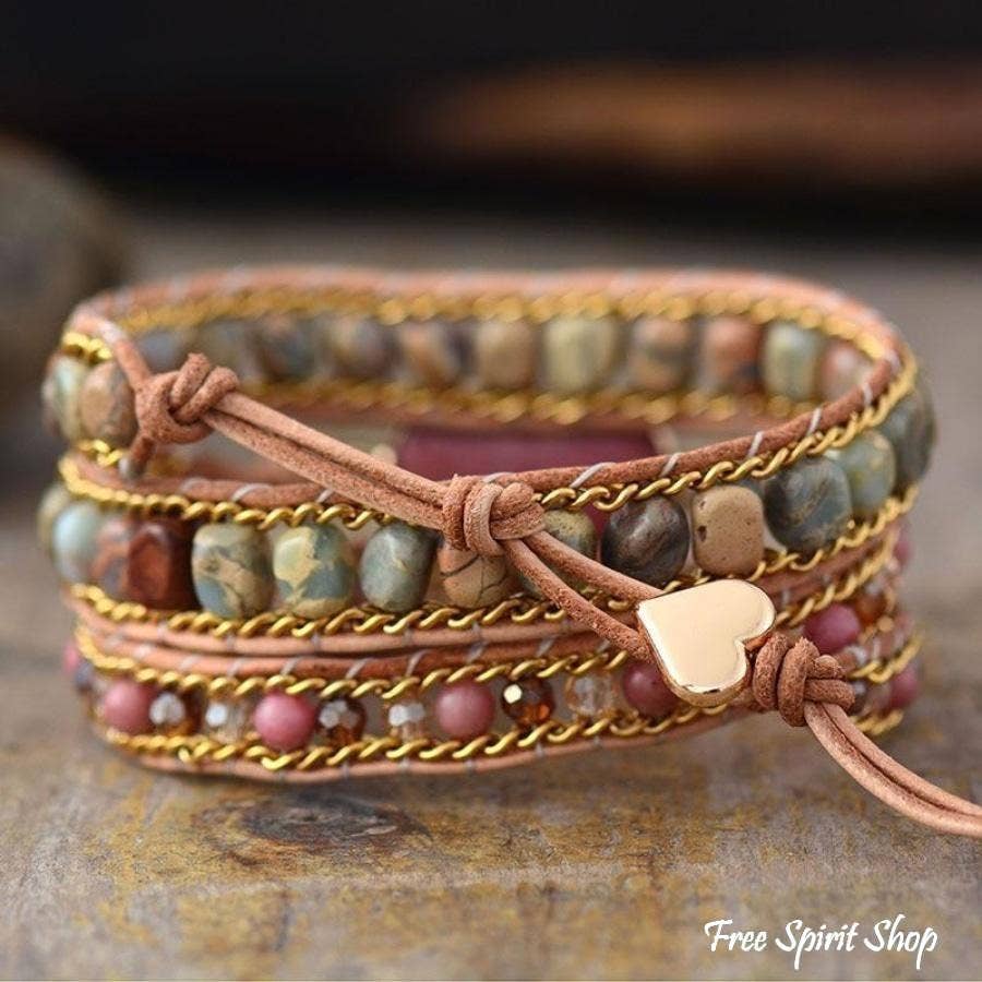 Free Spirit Shop – Großhandel Perlenarmband – Wickelarmband mit Rhodonit- und Jaspis-Herz, Boho-Perlenarmband mit Lederband2