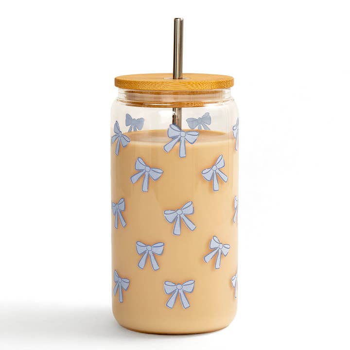 Pippi Post - Wholesale Drinking Glass/Cup - Blue Coquette Bows Glass Can