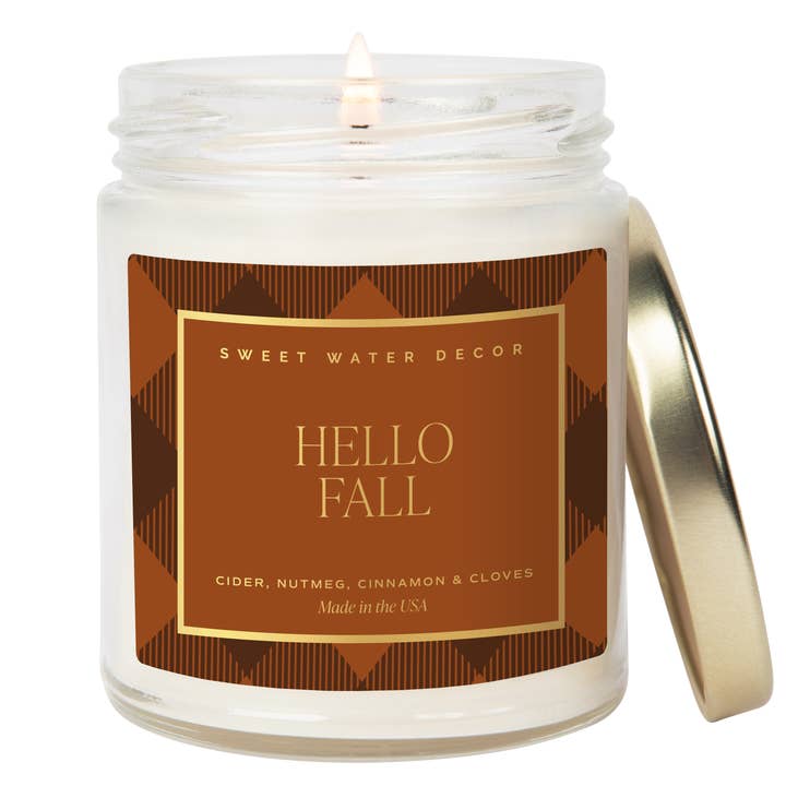 Bougie au soja Hello Fall de 9 oz - Décorations et cadeaux d'automne pour la vente par Sweet Water Decor