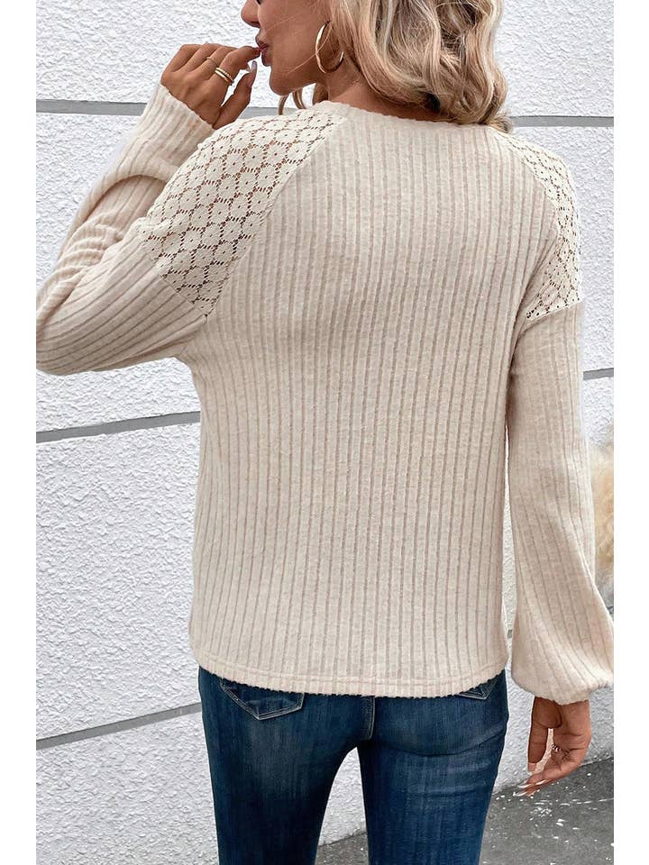 Parchment Ribbed Lace Raglan Sleeve Top for wholesale on Faire