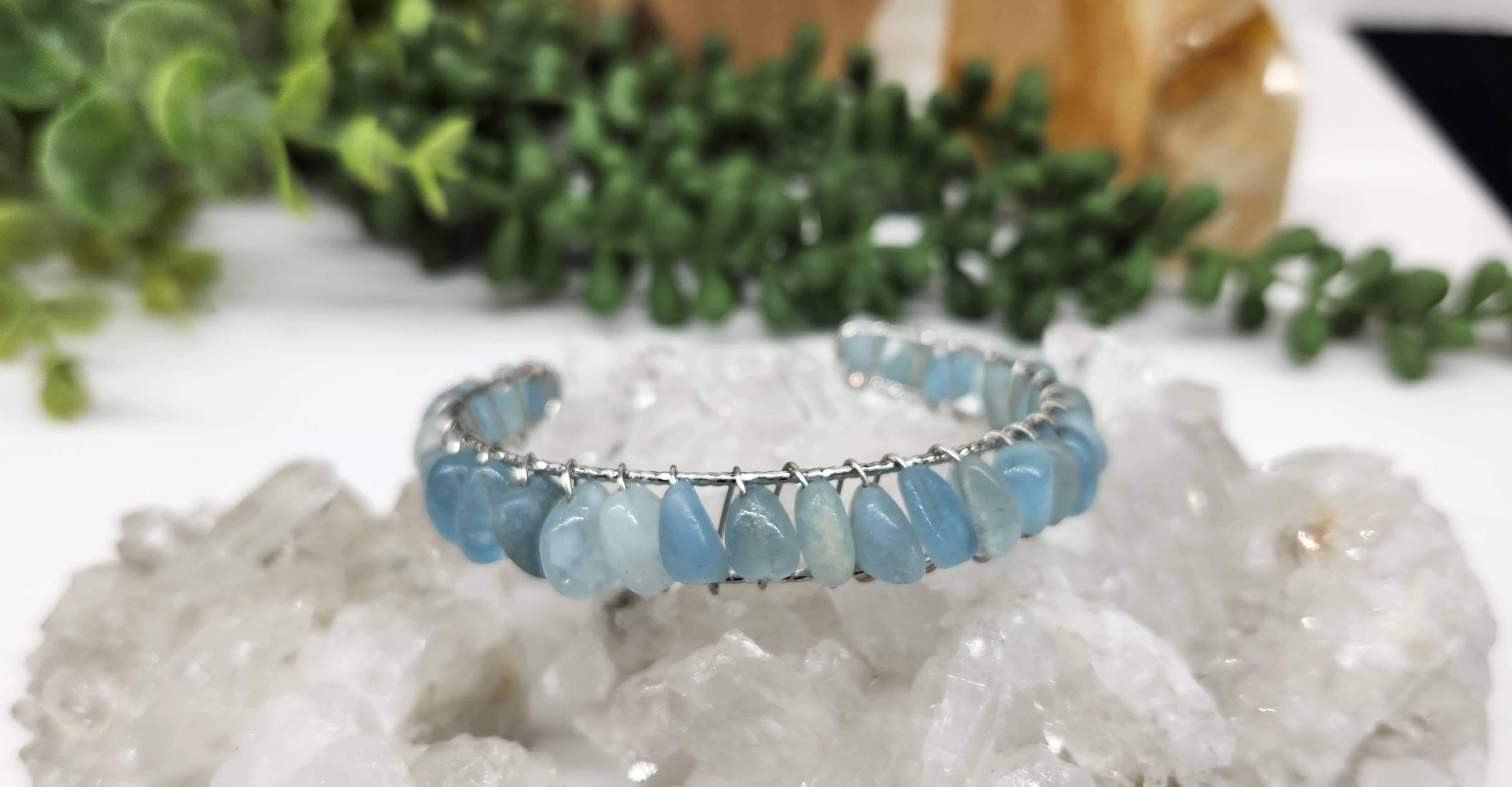 Meraki Gemstones - Wholesale Cuff Bracelet - Aquamarine Bangle/Cuff Wire Wrapped  -18kt. Gold Overlay2